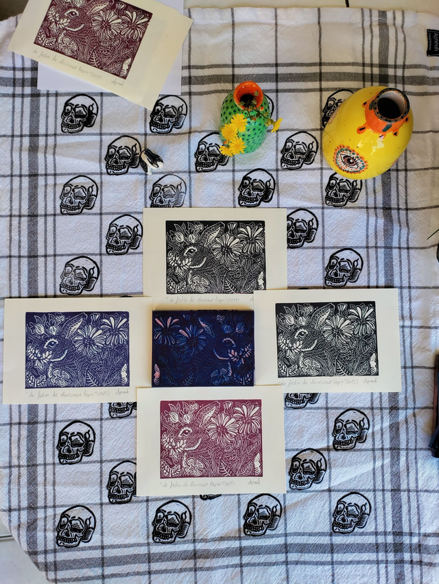 Linogravure/tampon "Le festin de Monsieurs lapin" lapins sauvage format 10X14.5 cm Noir