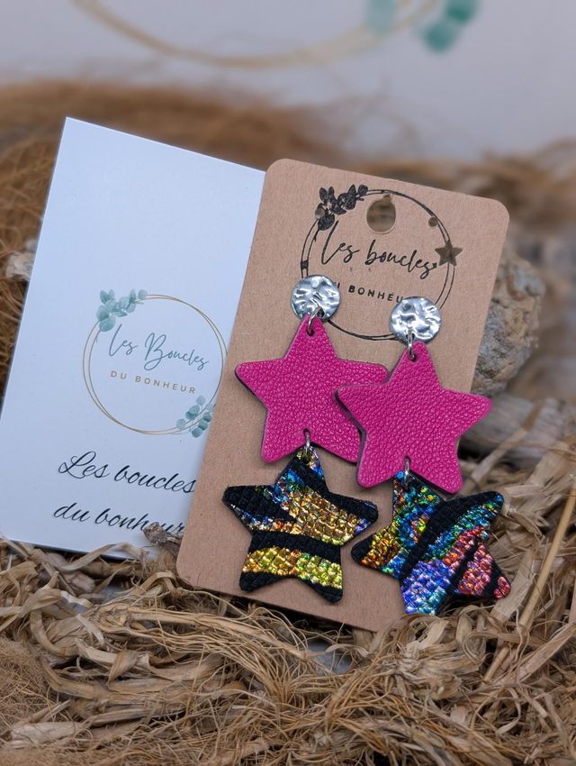 Boucles d&#039;oreilles Double star fushia ds001