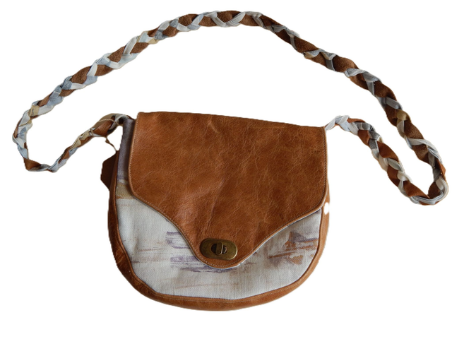 Brown Leather Shoulder Bag with Platted Leather Strap