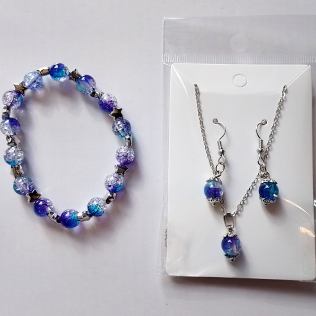 Handmade Silver Coloured Blue Glass Bead Necklace, Bracelet &amp; Earring Jewellery Set