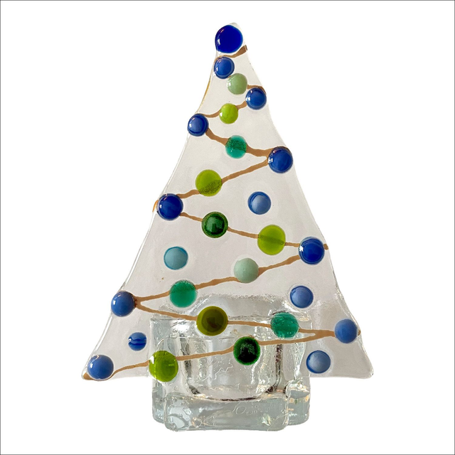 Tealight with clear glass and various tones of green and blue dots (Ref TLCT 4) 