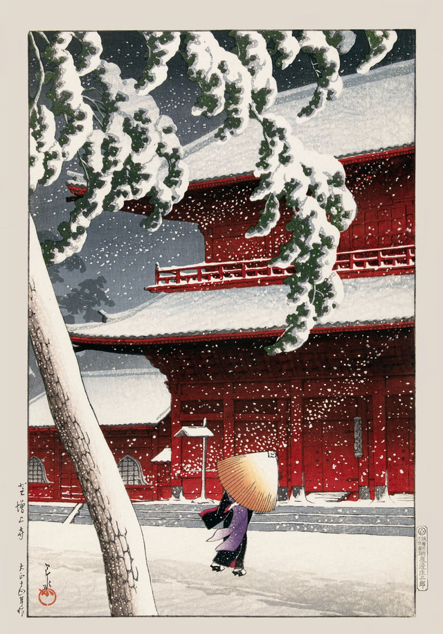 Geisha in the snow storm by Kawase Hasui