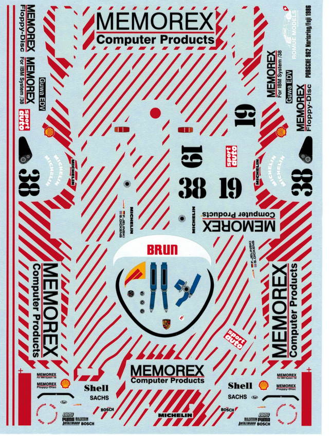 Brun Porsche 962 Memorex Norisring 1986 1:24 Decal