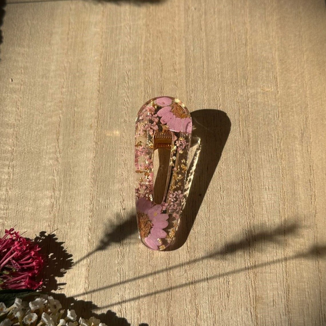 Barrette à cheveux - Rose pastel et or (arrondie)