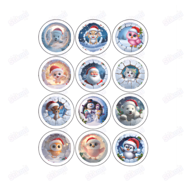 Cute Christmas Animal Circle Sticker - Set of 12