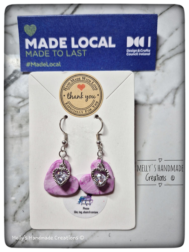 Pink Marble Hearts with Cubic Zirconia Earrings 