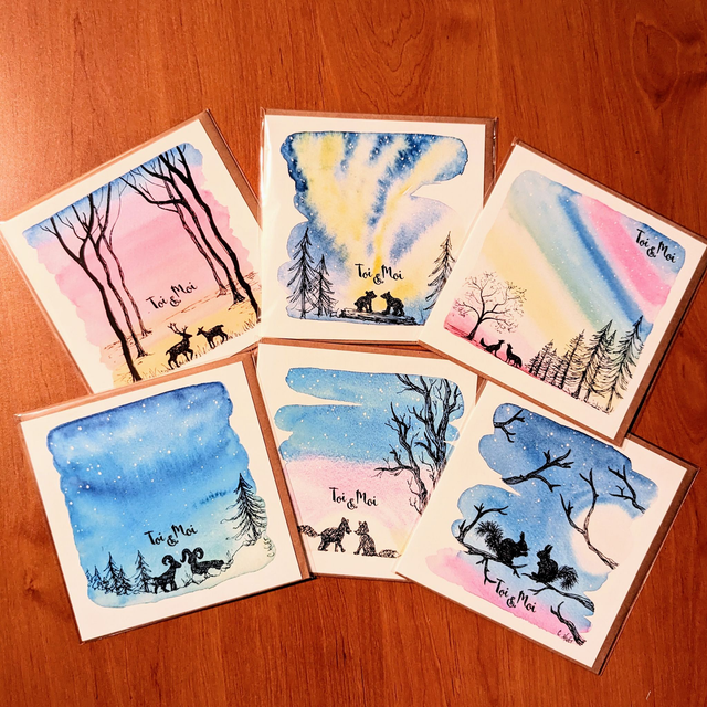 Carte St Valentin Toi+Moi animaux amoureux, dégradé de ciel coloré - divers modèles