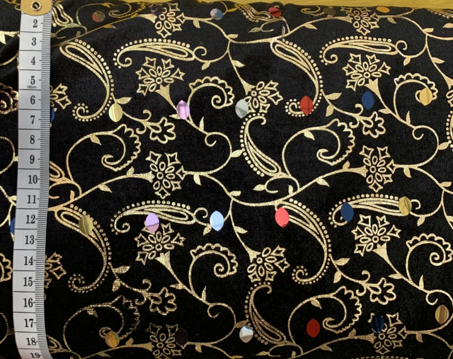 Embellished poly velvet in black and gold