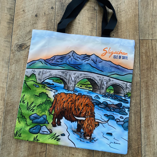 Sligachan Isle of Skye Highland cow tote bag