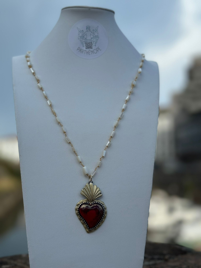 Collana lunga cuore exvoto bordeaux