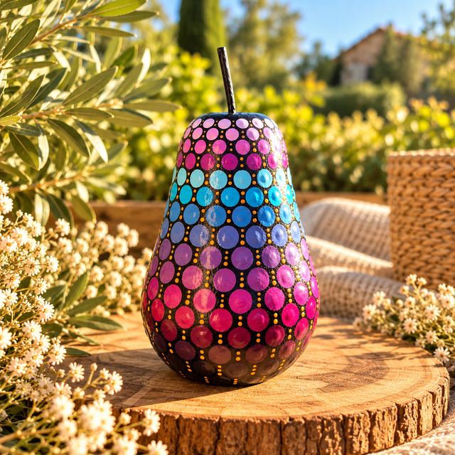 Poire décorative en bois – pointillisme rose, violet et bleu