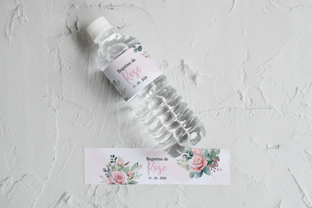 Étiquettes bouteilles Baptême Fleurs & Blush rose