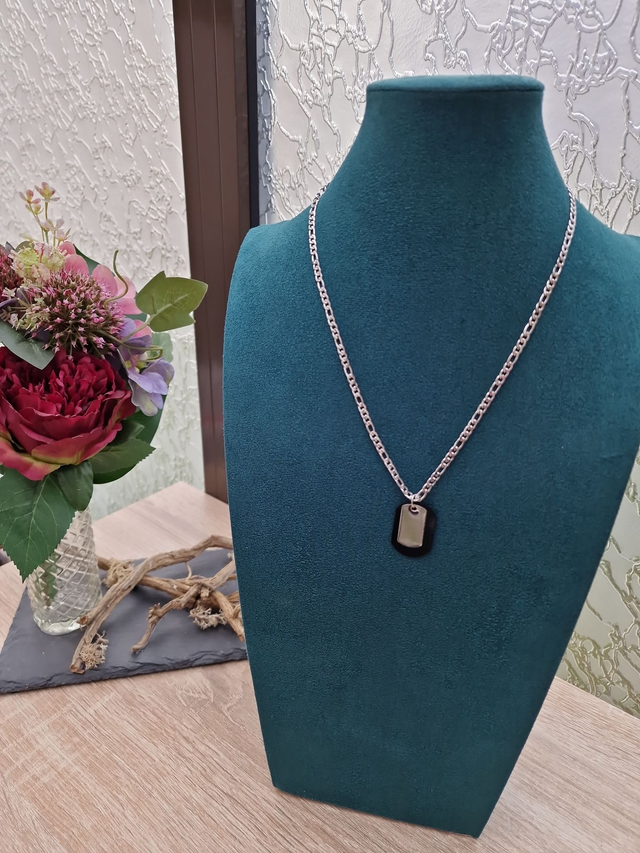 Collier Grosse Maille Acier Plaque Noire Et Argent