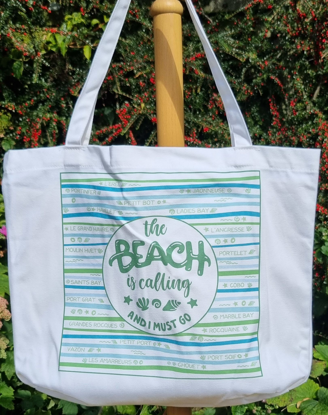 X009 BAG BEACH IS CALLING [BLUE/GREEN] GUSSETED SHOPPER BAG 100% COTTON