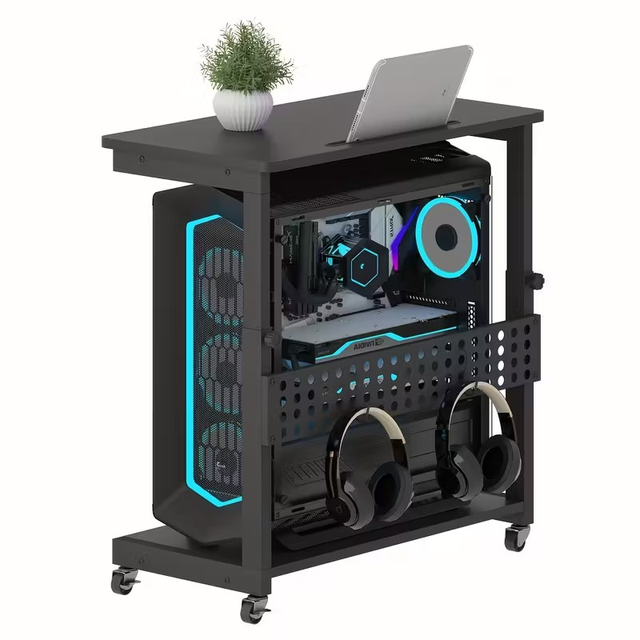 A Black Computer Tower Stand with Slots And Hooks