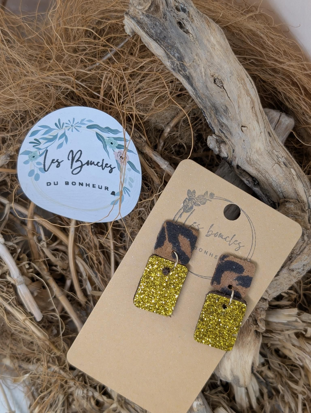 Boucles d&#039;oreilles Anti Gaspi  paillettes jaune léopard ag025