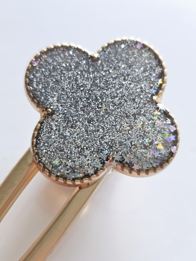 BARRETTE TREFFLE argent pailleté