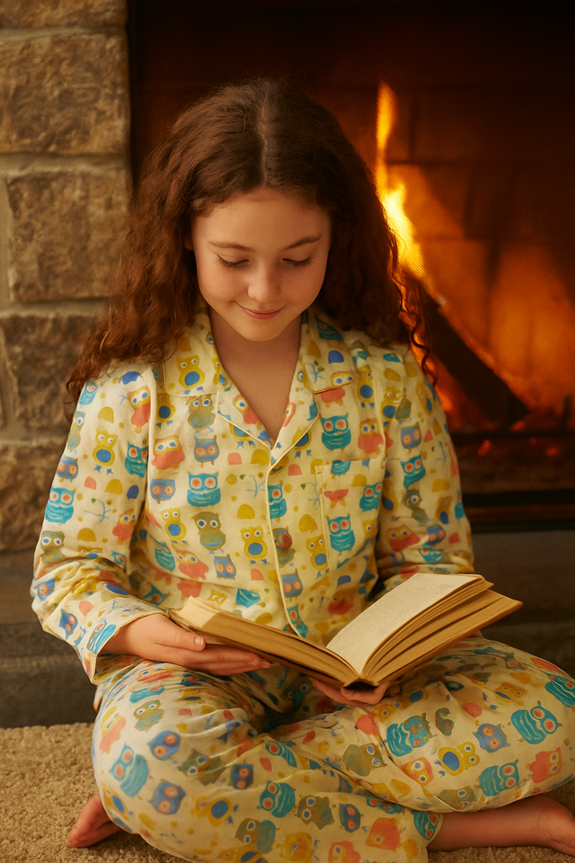 Pyjama fille 9/10 ans beige – Motif hiboux multicolores, top et pantalon avec poche, pochette assortie