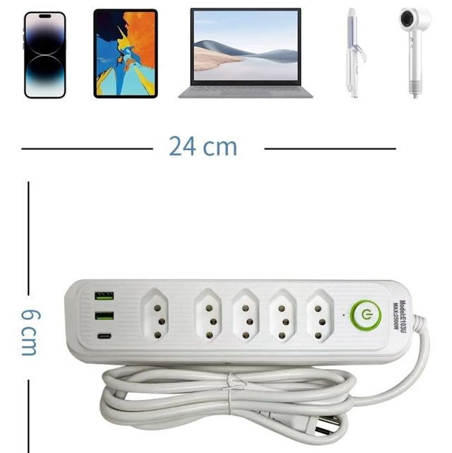 Extensão 5 Tomadas E 2 Usb 1 Pd Led Bivolt Power 110v/220v