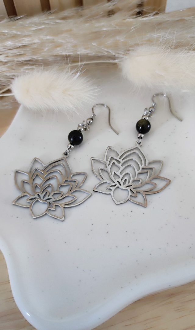 Boucles d'oreilles Fleur de lotus et Obsidienne dorée