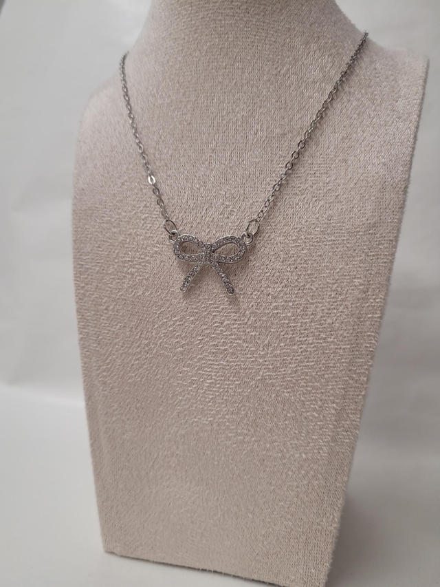 Silver rhinestone bow charm necklace - 18inch silver plated - HBH-056
