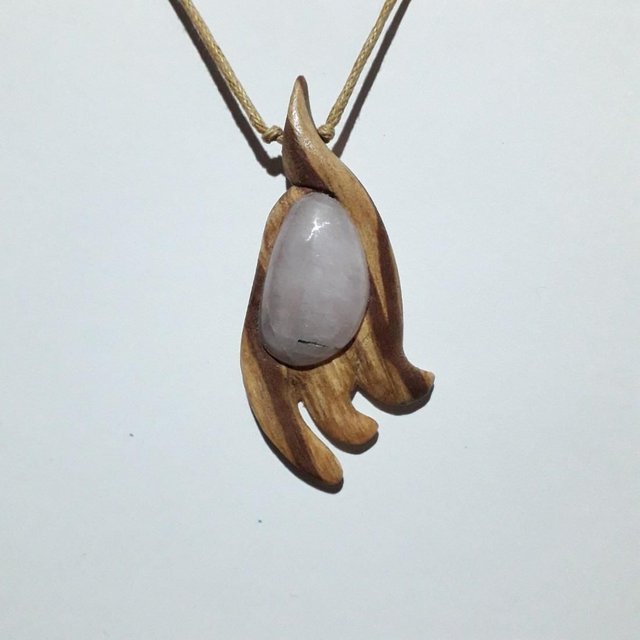 Kunzite Necklace with Hand Carved Palo Santo Wood 