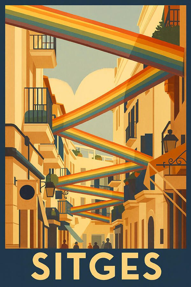 Cartel de viaje vintage de Sitges, Cataluña: Celebración del Orgullo Callejero