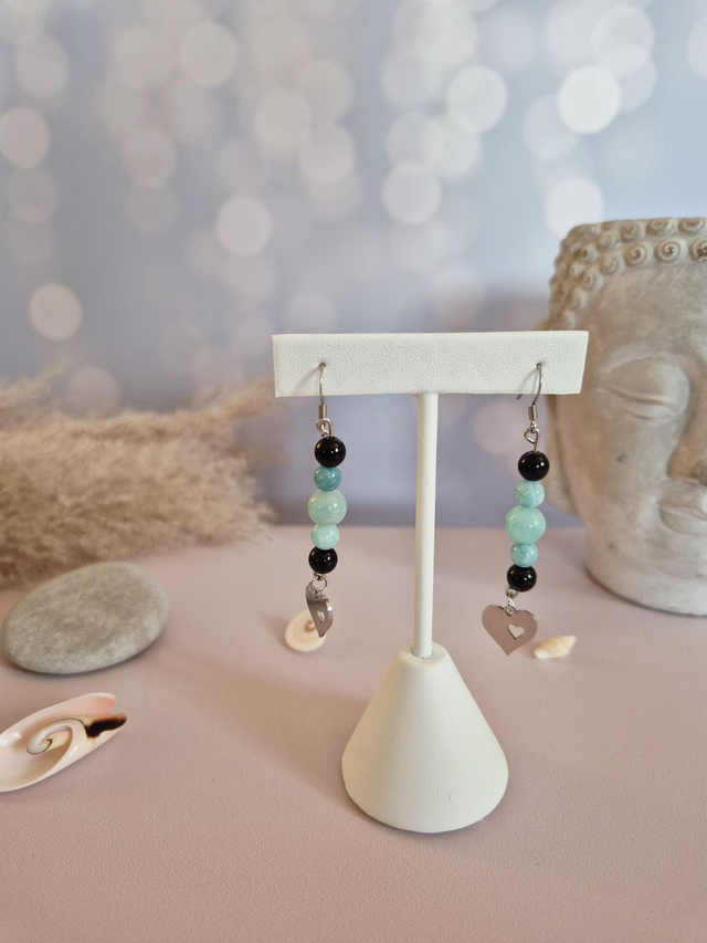 Boucles d’oreilles MAYA – Amazonite du Pérou, Obsidienne du Mexique &amp; Cœur