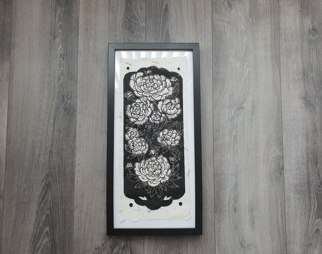 Black peony linocut print