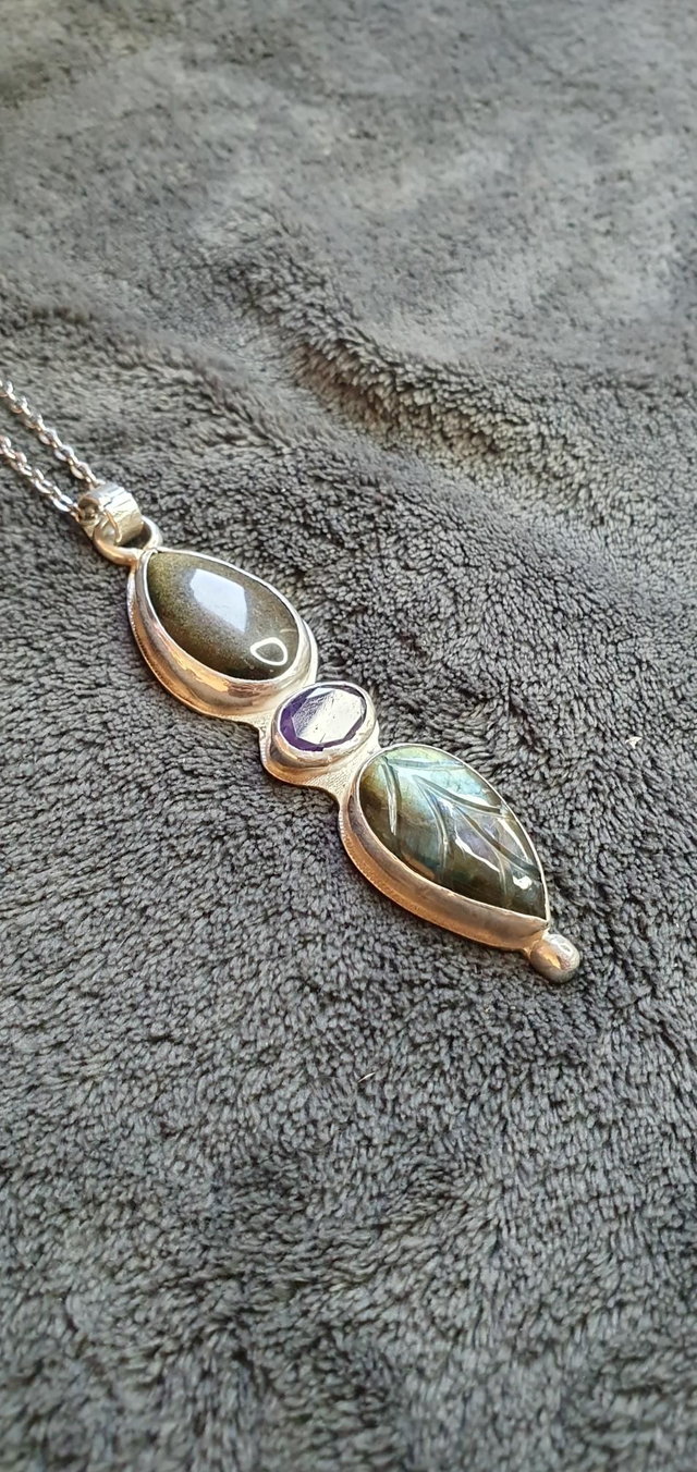 Pendentif argent 925 en Obsidienne dorée, Améthyste et Labradorite 