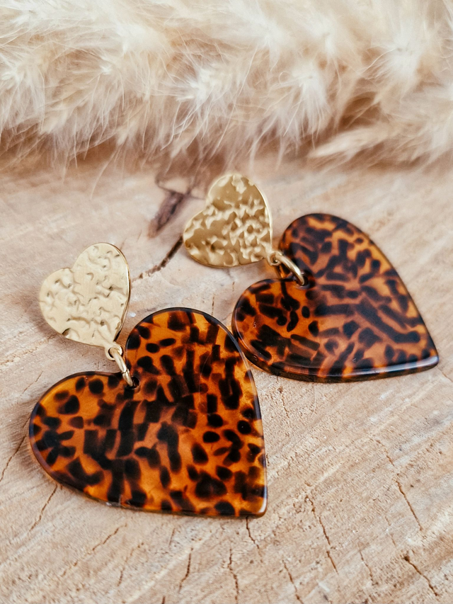 Boucles d'oreilles double cœurs - Modèle doré, camel et noir