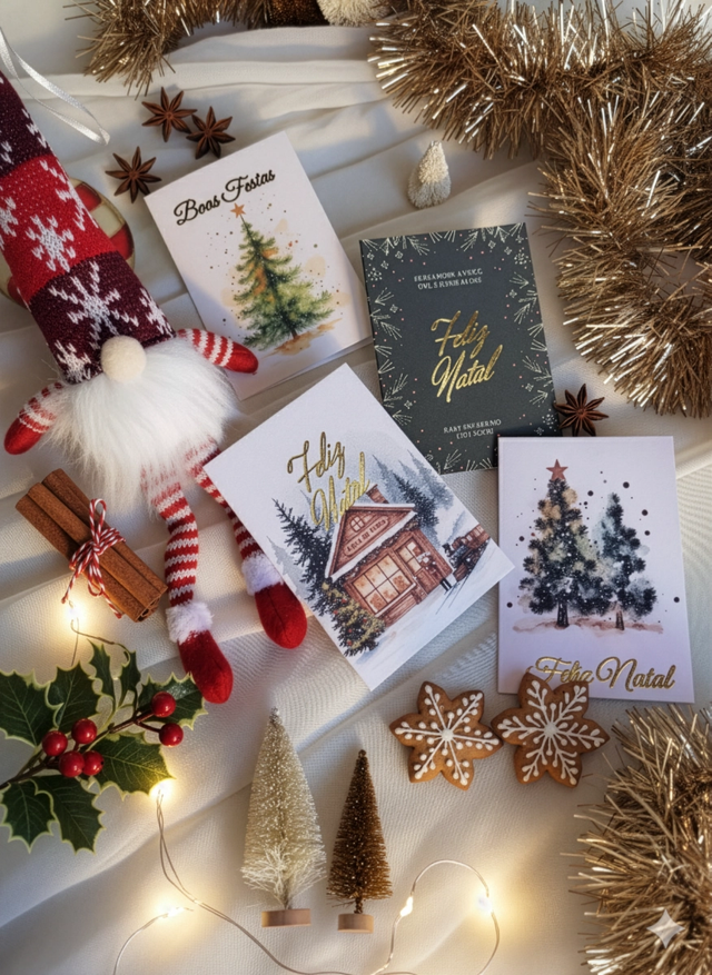 Cartões Natalinos em formato livreto com aplicação de metalizado dourado