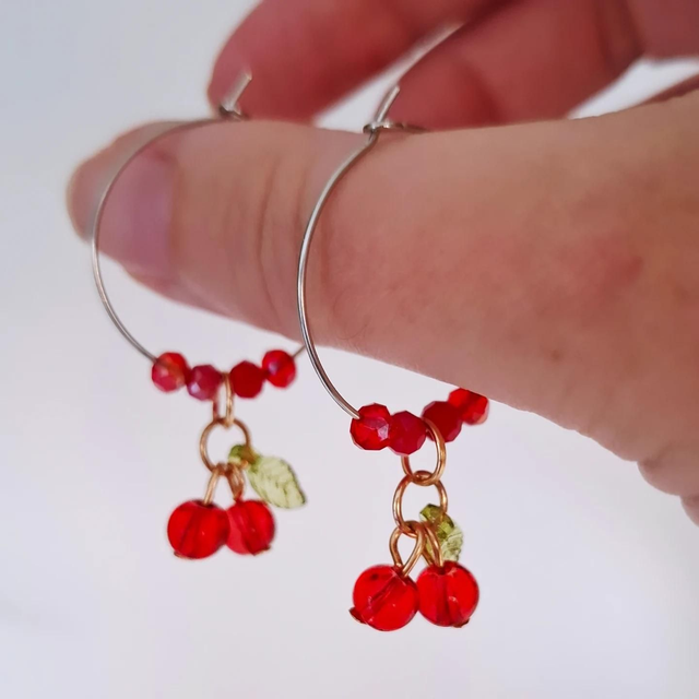 Cherry beaded hoop earrings pair
