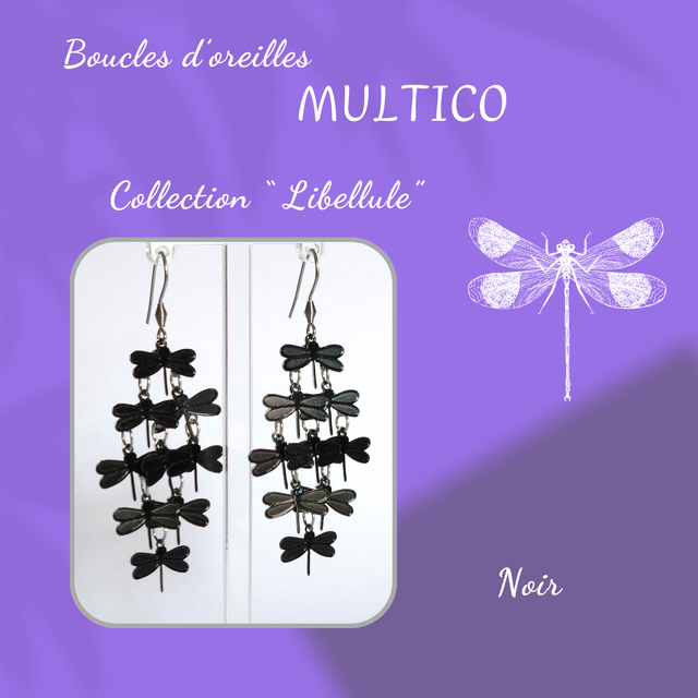 Boucles d&#039;oreilles MULTICO - Collection Libellule - Noir