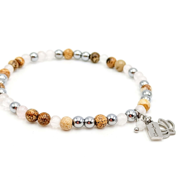 Bracelet Clara Joia Acier Argenté Quartz Rose Jaspe Paysage Fleur de Lotus
