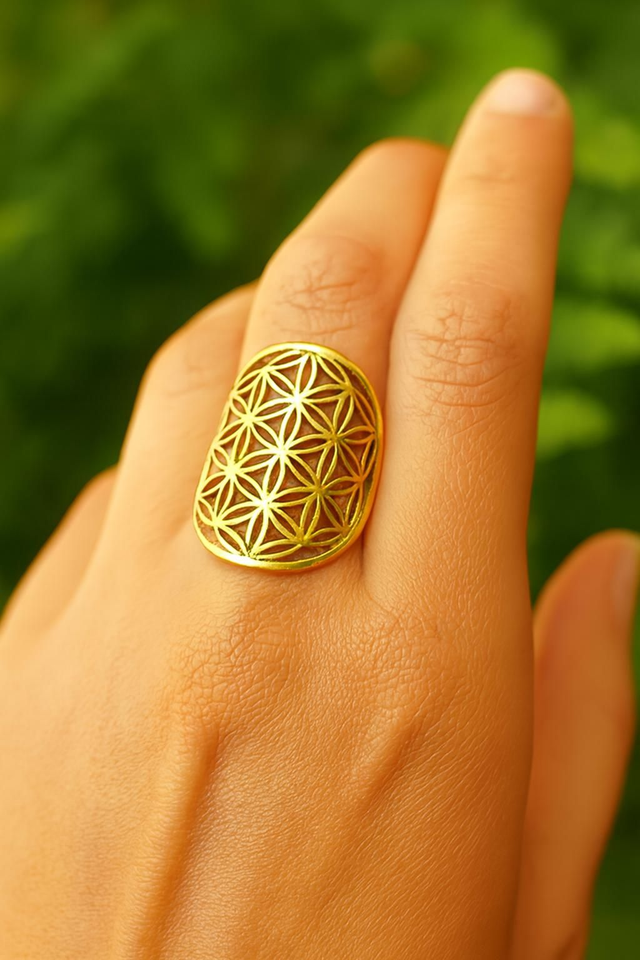 Bague ajustable fleur de vie dorée en acier inoxydable