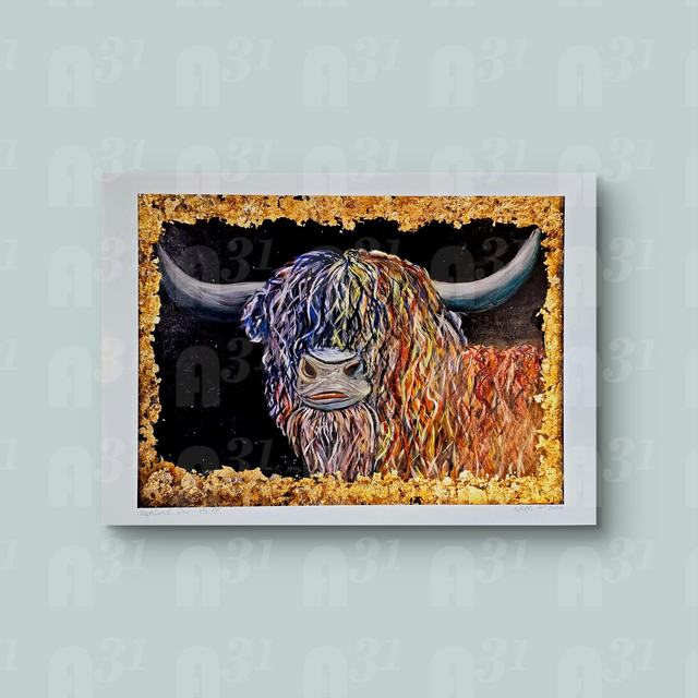 373. Highland Cow Abstract &amp; gold leaf Print 