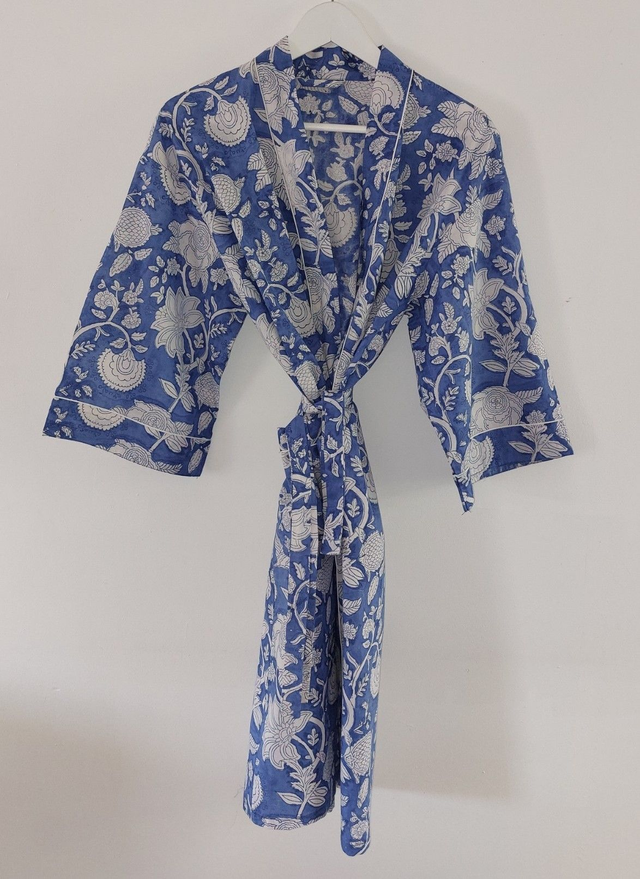 Robe kimono en coton, peignoir, robe de chambre, imprimé à la main, motif floral blanc et bleu, L.100cm  