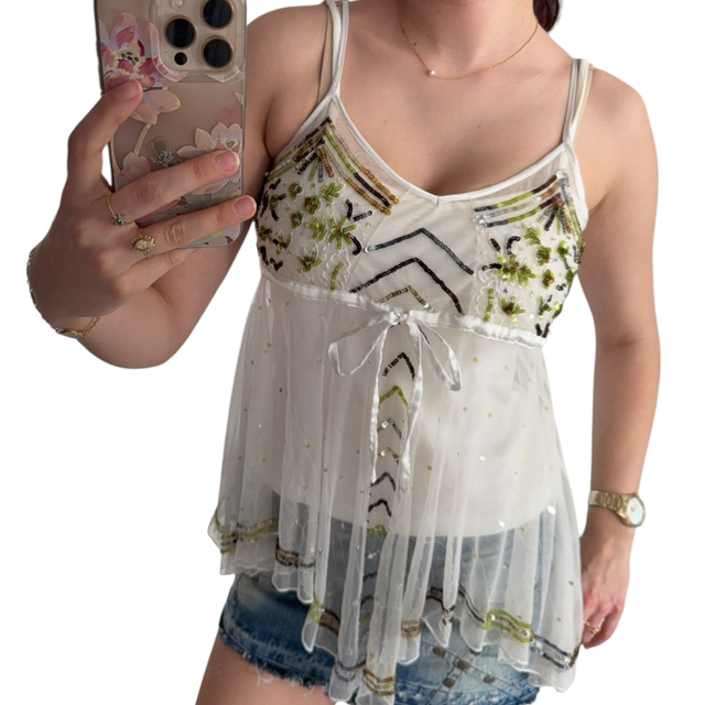 y2k white and green beaded fairy asymmetrical hem top
