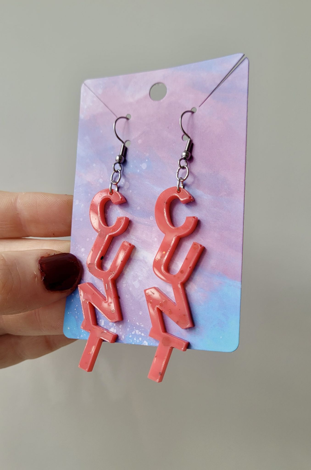 Earrings- Light Red Glitter CUNT Swear Earrings | Stainless Steel Shepherd Hooks