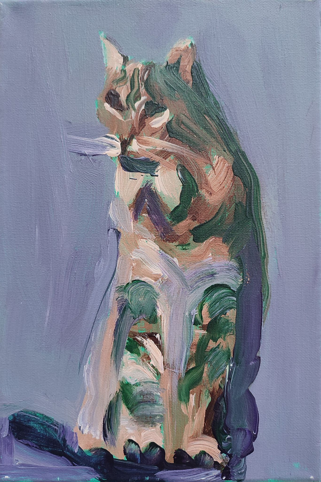 Zielonkawy kot, 30x20 akryl płótno 2021