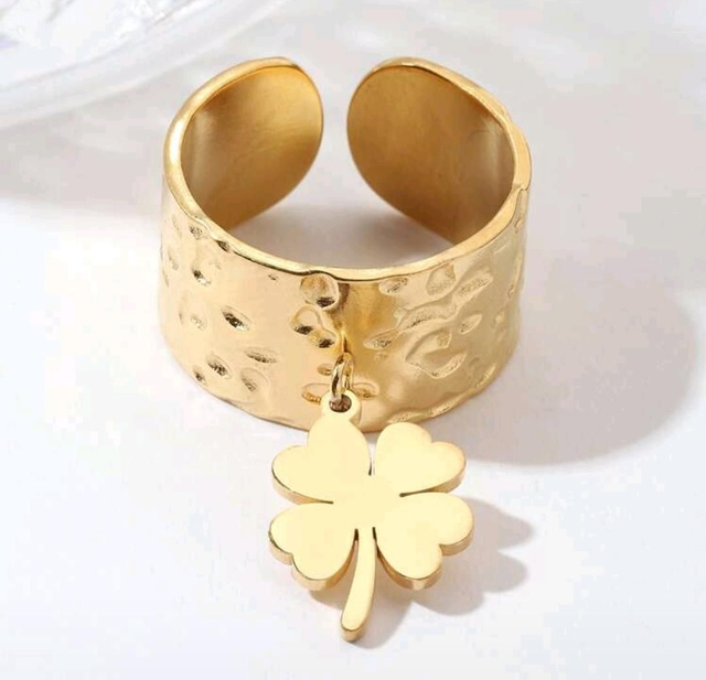 Bague trèfle à 4 feuilles - ajustable - couleur or - en acier inoxydable 