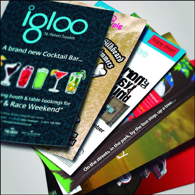 FLYERS A6, A5 ó DL, DOBLE CARA COLOR PAPEL ESTUCADO 150 GSM