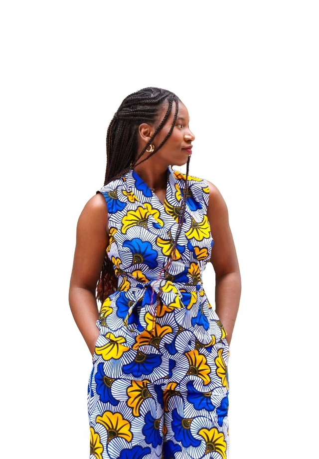 Haut croisé cache-cœur sans manches en wax "Fleur de mariage"- bleu et jaune