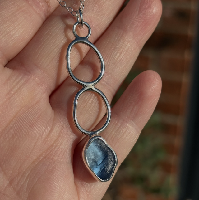 Blue Seaglass & Recycled Silver Pendant