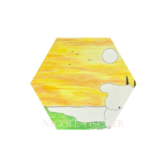 Hexagon mit Kunstdruck "Farbenfrohe Horizonte II"