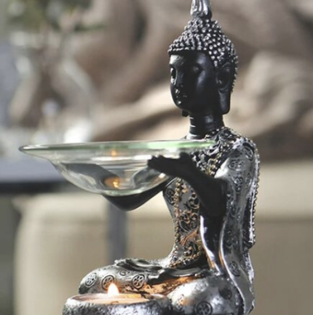 Black &amp; Silver Large Buddha teal light oil burner wax warmer