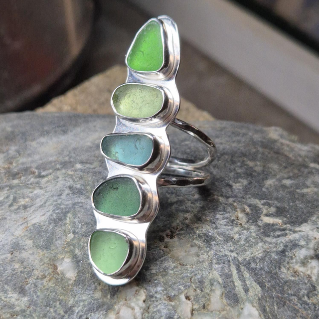 Size P Quintet of Sea Glass and Sterling Silver Ring