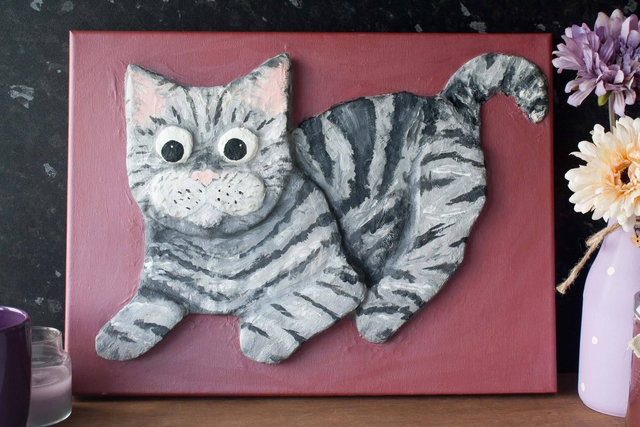 'Silver Tabby' cat with cartoon googly eyes, Original 3D Acrylic Painting by Artist Purple Faye.