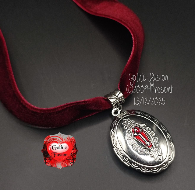 Claret Wine Red Velvet Choker with Coffin Locket 